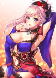 Rule 34 | 1girl, :d, arm behind back, arm up, armpits, asymmetrical hair, black thighhighs, blue eyes, blue kimono, blush, breasts, center opening, cleavage, covered erect nipples, detached sleeves, earrings, eyelashes, fate/grand order, fate (series), frilled kimono, frills, highres, japanese clothes, jewelry, kimono, large breasts, leaf, leaf background, long hair, long sleeves, looking at viewer, magatama, miyamoto musashi (fate), navel, obi, open mouth, pink hair, pointing, pointing at self, ponytail, red ribbon, ribbon, sash, sitting, sleeves past wrists, smile, solo, swept bangs, tassel, thighhighs, yuzutosen