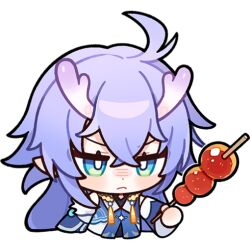 Rule 34 | 1girl, ahoge, bailu (honkai: star rail), blue hair, chibi, chinese clothes, closed mouth, commentary, english commentary, food, holding, holding food, holding stick, honkai: star rail, honkai (series), horns, long hair, official art, pointy ears, solo, stick, transparent background, upper body, v-shaped eyebrows