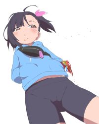 Rule 34 | 1girl, bike shorts, blue hoodie, bubukka, candy wrapper, eating, hood, hoodie, original, tachibana momoka (bubukka), white background