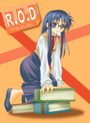 Rule 34 | 00s, 1girl, copyright name, glasses, mouth hold, necktie, orange background, read or die, red necktie, solo, yomiko readman
