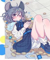 Rule 34 | 1girl, animal ears, beads, belt, black dress, black footwear, bloomers, blue belt, blue capelet, blush, capelet, closed mouth, coin, dress, gem, grey hair, highres, legs, long sleeves, mouse ears, nazrin, one eye closed, red eyes, satomachi, shoes, short hair, socks, solo, sparkle, tears, touhou, underwear, white bloomers, white socks