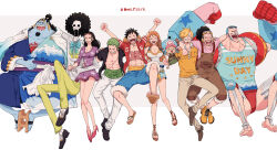 Rule 34 | &gt; &lt;, 2girls, 6+boys, afro, arms up, black hair, black shirt, blonde hair, blue hair, boots, brook (one piece), brown overalls, cape, chest tattoo, cigarette, closed eyes, commentary, curly eyebrows, cyborg, dress, eyewear on head, facial hair, franky (one piece), geta, goatee, green hair, hair over one eye, haramaki, hat, high heels, highres, hocpoc, hug, japanese clothes, jinbe (one piece), kimono, long hair, long nose, monkey d. luffy, multiple boys, multiple girls, mustache stubble, nami (one piece), neck ribbon, nico robin, no shoes, one piece, open clothes, open shirt, orange hair, overalls, panties, pants, purple dress, red panties, ribbon, roronoa zoro, sandals, sanji (one piece), sash, scar, scar on chest, scar on face, shirt, shoes, short dress, short hair, short shorts, shorts, simple background, smile, straw hat, stubble, tattoo, tony tony chopper, underwear, usopp, white background, white pants, yellow sash, yellow shirt