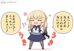 Rule 34 | 1girl, blonde hair, blue necktie, blue skirt, bottle, braid, brown pantyhose, chibi, closed eyes, commentary request, drunk, fang, full body, goma (yoku yatta hou jane), hair bun, kantai collection, long hair, machinery, necktie, open mouth, pantyhose, pleated skirt, ranger (kancolle), side braids, simple background, single side bun, skirt, solo, standing, translation request, twitter username, two-tone shirt, wavy mouth, white background, wine bottle
