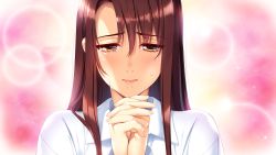 Rule 34 | 1girl, brown eyes, brown hair, closed mouth, doukyuusei, game cg, hair between eyes, half-closed eyes, highres, lens flare, long hair, looking down, official art, own hands clasped, own hands together, pink background, serizawa yoshiko, solo, sparkle, straight hair, sumeragi kohaku, sweatdrop, very long hair