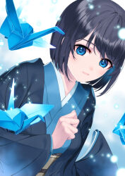 1girl amamiya_chiharu black_hair blue_eyes blue_kimono breasts commentary_request dutch_angle japanese_clothes kimono long_sleeves looking_at_viewer medium_breasts obi open_clothes origami original paper_crane sash short_hair smile solo upper_body wide_sleeves