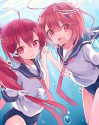 Rule 34 | &gt;:d, 10s, 2girls, :3, :d, holding hands, i-168 (kancolle), i-58 (kancolle), kantai collection, long hair, multiple girls, open mouth, pink eyes, pink hair, ponytail, red eyes, red hair, school swimsuit, school uniform, serafuku, short hair, shugao, smile, swimsuit, swimsuit under clothes, underwater, v-shaped eyebrows