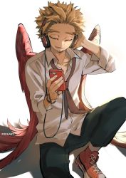 Rule 34 | 1boy, alternate costume, artist name, bad id, bad pixiv id, black pants, blonde hair, boku no hero academia, casual, cellphone, collared shirt, commentary, closed eyes, facing down, hands up, hawks (boku no hero academia), headphones, holding, holding phone, kadeart, male focus, pants, partially unbuttoned, phone, red footwear, red wings, shirt, shoes, simple background, sitting, smartphone, smile, sneakers, solo, white background, white shirt, wings