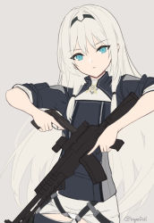 Rule 34 | 1girl, an-94, an-94 (girls&#039; frontline), aqua eyes, assault rifle, blonde hair, closed mouth, girls&#039; frontline, gun, hairband, handgun, holding, holding gun, holding weapon, ingerdoll, long hair, looking at viewer, pistol, rifle, simple background, solo, tactical clothes, twitter username, upper body, weapon