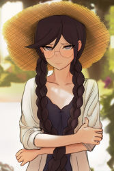 Rule 34 | 1girl, alternate costume, black hair, blurry, blurry background, blush, braid, cardigan, closed mouth, collarbone, commentary request, crossed arms, danganronpa: trigger happy havoc, danganronpa (series), day, flat chest, fukawa toko, glasses, grey cardigan, hat, highres, long hair, looking at viewer, outdoors, purple shirt, round eyewear, seongkun (agn000), shirt, solo, straw hat, sun hat, tree, twin braids, upper body