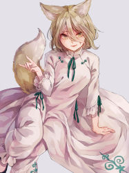 Rule 34 | 1girl, animal ears, black footwear, blonde hair, closed mouth, eyes visible through hair, fox ears, fox tail, green neckwear, grey background, hair between eyes, hand up, jumpsuit, kudamaki tsukasa, long sleeves, m (neteitai10), shoes, short hair, simple background, sitting, smile, solo, tail, touhou, unconnected marketeers, white jumpsuit, white sleeves, yellow eyes