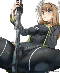 Rule 34 | 1girl, black bodysuit, blue eyes, blue pupils, bodysuit, breast tattoo, breasts, choker, condylonucla, eunie (xenoblade), fingernails, gun, head wings, highres, holding, holding weapon, large breasts, looking at viewer, open mouth, rifle, simple background, solo, squatting, tattoo, tiptoes, twitter username, weapon, white background, white wings, wings, xenoblade chronicles (series), xenoblade chronicles 3