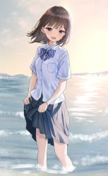Rule 34 | 1girl, absurdres, akino ell, black skirt, blunt bangs, blush, bow, bowtie, brown eyes, brown hair, collared shirt, commentary, full body, highres, looking at viewer, medium hair, multicolored neckwear, ocean, open mouth, original, outdoors, pleated skirt, shirt, short sleeves, skirt, skirt hold, smile, solo, standing, sunlight, water, white shirt