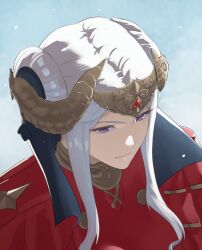 Rule 34 | 1girl, blue background, breasts, commentary, double bun, edelgard von hresvelg, english commentary, expressionless, fire emblem, fire emblem: three houses, from above, hair bun, headpiece, horns, medium breasts, nintendo, pomelomelon, portrait, purple eyes, short hair, simple background, solo, white hair
