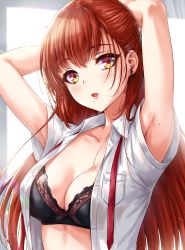 Rule 34 | 1girl, absurdres, armpits, arms up, black bra, blush, bra, breast pocket, breasts, brown hair, cleavage, collarbone, commentary request, earrings, head tilt, highres, jewelry, long hair, looking at viewer, medium breasts, midriff, necktie, open mouth, original, pocket, red necktie, sakiyamama, shirt, short sleeves, solo, underwear, undone necktie, upper body, white shirt, yellow eyes