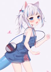 Rule 34 | 1girl, :d, animal ears, bag, blue eyes, blue hair, blue nails, blue skirt, buttons, cat ears, claw pose, cowboy shot, cube hair ornament, fingernails, fins, fish tail, frilled sleeves, frills, gawr gura, gawr gura (casual), hair ornament, handbag, highres, hololive, hololive english, leaning forward, looking at viewer, medium hair, miniskirt, multicolored hair, nail polish, open mouth, roin, shark girl, shark hair ornament, shark tail, sharp teeth, shirt, short sleeves, side ponytail, sidelocks, signature, silver hair, skirt, skirt set, smile, solo, streaked hair, suspenders, tail, teeth, virtual youtuber, white shirt