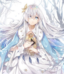 Rule 34 | 1girl, anastasia (fate), bare tree, blue cloak, blue eyes, blush, butterfly hair ornament, cloak, commentary request, crown, dress, eyes visible through hair, fate/grand order, fate (series), hair ornament, hair over one eye, light brown hair, long hair, looking at viewer, mini crown, parted lips, pingo, royal robe, silver hair, solo, tree, very long hair, white dress
