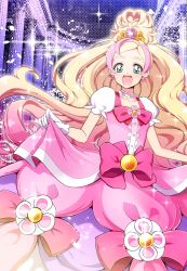 Rule 34 | 1girl, :d, blonde hair, bow, brooch, cure flora, cure flora (mode elegant), dress, dress bow, earrings, flower earrings, gloves, go! princess precure, green eyes, happy, haruno haruka, jewelry, long hair, magical girl, mode elegant (go! princess precure), multicolored hair, naokado, open mouth, pink bow, pink dress, pink hair, precure, smile, solo, streaked hair, two-tone hair, very long hair, waist bow, white gloves