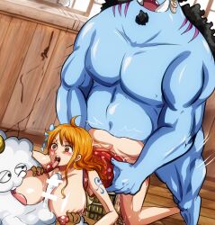 Rule 34 | 1girl, 2boys, ass, breasts, censored, group sex, highres, jinbe (one piece), large breasts, licking, mmf threesome, multiple boys, nami (one piece), nipples, one piece, open mouth, orange hair, paizuri, penis, sex, sex from behind, takebuchi, threesome, zeus (one piece)