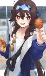 Rule 34 | 1girl, alternate costume, alternate hairstyle, bag, black bag, blue hairband, blue jacket, blurry, blurry background, blush, boo tao (genshin impact), border, bow, brown hair, charm (object), chicken (food), cloud print, collarbone, commentary request, ebiri fy, eyewear hang, fingernails, flower, flower-shaped pupils, food, fried chicken, genshin impact, ghost, hair between eyes, hairband, hands up, heart, highres, hu tao (genshin impact), hu tao (lawson) (genshin impact), jacket, long fingernails, long hair, long sleeves, looking at viewer, open clothes, open jacket, open mouth, outside border, package, pocket, puffy long sleeves, puffy sleeves, purple bow, red eyes, shirt, sidelocks, smile, solo, standing, sunglasses, symbol-shaped pupils, t-shirt, teeth, tongue, unworn eyewear, wall, white border, white shirt