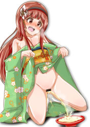 Rule 34 | 1girl, blush, brown eyes, brown hair, censored, character request, cup, japanese clothes, kimono, kneeling, machismo fuji, no panties, open mouth, peeing, peeing in cup, pussy, sakazuki, smile, solo, white background