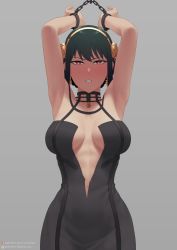 Rule 34 | 1girl, abs, absurdres, armpits, arms up, bare shoulders, black dress, black hair, bound, bound wrists, breasts, breasts apart, clenched teeth, commentary request, cowboy shot, dress, flower, gold hairband, golden rose, grey background, hair flower, hair ornament, hairband, highres, looking at viewer, medium breasts, navel, off-shoulder dress, off shoulder, putcher, red eyes, restrained, rose, sidelocks, simple background, solo, spy x family, teeth, toned, torn clothes, torn dress, yor briar