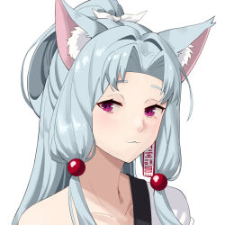 Rule 34 | 1girl, :3, animal ear fluff, animal ears, blue hair, collarbone, commentary request, fox ears, hair intakes, long hair, motirimoti, portrait, purple eyes, shirt, simple background, single-shoulder shirt, single bare shoulder, solo, touhoku itako, voiceroid, white background, white shirt