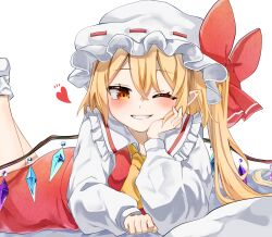 Rule 34 | 1girl, 2023, ;d, arm support, ascot, blonde hair, blush, bow, clenched hand, commentary request, crossed bangs, crystal, dated commentary, eyelashes, feet up, flandre scarlet, grin, hair between eyes, hand on own cheek, hand on own face, happy, hat, hat bow, head rest, heart, highres, koroyarou, long hair, long sleeves, looking at viewer, lying, mob cap, notice lines, on stomach, one eye closed, open mouth, puffy long sleeves, puffy sleeves, red bow, red eyes, red skirt, red vest, shirt, side ponytail, simple background, skirt, slit pupils, smile, solo, the pose, touhou, tsurime, vest, white background, white hat, white shirt, wings, yellow ascot