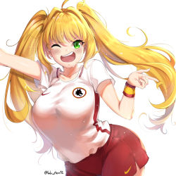Rule 34 | 1girl, absurdres, ahoge, alternate costume, blonde hair, braid, breasts, cowboy shot, dirty, fate (series), frown, green eyes, hair intakes, highres, large breasts, looking at viewer, lulu-chan92, messy hair, nero claudius (fate), nero claudius (fate) (all), nero claudius (swimsuit caster) (fate), one eye closed, persib bandung, red shorts, screaming, shirt, short sleeves, shorts, soccer uniform, solo, sportswear, sweatband, twin braids, twintails, twitter username, white background, white shirt