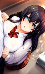 Rule 34 | 1girl, :o, black hair, blue eyes, blush, breast press, from above, haribote (desk of coulomb), long hair, long sleeves, looking at viewer, original, pov, school uniform, shirt, solo focus, wet, wet clothes, wet hair, white shirt