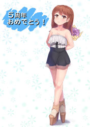 Rule 34 | 1girl, arms behind back, black skirt, bouquet, breasts, brown eyes, brown hair, casual, cleavage, collarbone, floral background, flower, full body, hair down, highres, kantai collection, miniskirt, platform footwear, platform heels, ryouya, ryuujou (kancolle), skirt, small breasts, smile, solo, strapless, translation request