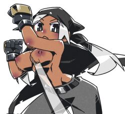 Rule 34 | 1girl, :&lt;, bandana, black bandana, black cape, black eyes, boxing gloves, breasts, cannsk, cape, commentary request, cowboy shot, dark-skinned female, dark skin, elbow blush, fighting stance, frown, grey hair, large breasts, motion lines, navel, nipples, original, solo, topless