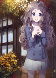 Rule 34 | 10s, 1girl, blue eyes, brown hair, building, cici, flower, highres, kyoukai no kanata, long hair, looking at viewer, messy hair, outdoors, own hands clasped, own hands together, pantyhose, school uniform, serafuku, shindou ai, skirt, solo, wavy hair