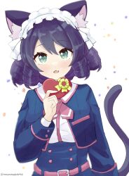 Rule 34 | 1girl, animal ear fluff, animal ears, belt, black hair, blue jacket, blue skirt, blush, box, breasts, cat ears, cat girl, cat tail, cropped jacket, cyan (show by rock!!), drill hair, fang, frilled hairband, frills, gift, gift box, green eyes, hairband, hand up, happy valentine, heart-shaped box, high-waist skirt, highres, holding, holding gift, jacket, long sleeves, looking at viewer, open mouth, sangria (sangria69), shirt, short hair, show by rock!!, skin fang, skirt, small breasts, solo, tail, twitter username, upper body, valentine, white shirt