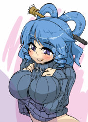 Rule 34 | 1girl, :q, alternate costume, alternate hairstyle, blue eyes, blue hair, blush, bottomless, breasts, cum, cum on clothes, disembodied penis, drill hair, hair ornament, hair rings, hair stick, kaku seiga, large breasts, licking lips, naked sweater, paizuri, paizuri under clothes, penis, penis under another&#039;s clothes, ribbed sweater, seki (red shine), smile, solo focus, sweater, tongue, tongue out, touhou, twin drills, twintails