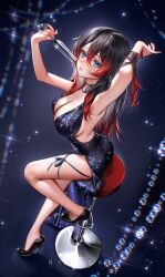 Rule 34 | 1girl, black choker, black dress, black hair, blue eyes, breasts, champagne flute, choker, cup, dress, drinking glass, high heels, highres, large breasts, long hair, looking at viewer, looking up, multicolored hair, original, red hair, ringeko-chan, sitting, solo, two-tone hair