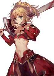 Rule 34 | 1girl, bandeau, blonde hair, blood, blood on face, blush, breasts, chocoan, clarent (fate), detached sleeves, fate/apocrypha, fate (series), green eyes, highres, holding, holding sword, holding weapon, long hair, looking at viewer, medium breasts, midriff, mordred (fate), mordred (fate/apocrypha), navel, open mouth, over shoulder, pelvic curtain, ponytail, simple background, solo, standing, sword, sword over shoulder, tongue, underboob, weapon, weapon over shoulder, white background