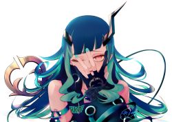 Rule 34 | 1girl, nanashi inc., belt, black gloves, black jacket, blue belt, blue hair, chest belt, clothing cutout, commentary request, demon girl, demon horns, eyelashes, gloves, hand over face, horns, jacket, long hair, long sleeves, looking at viewer, multicolored hair, one eye closed, partially fingerless gloves, pointy ears, red eyes, shishio chris, shoulder cutout, signature, simple background, solo, sugar lyric, tenum, tongue, tongue out, transparent background, two-tone hair, upper body, virtual youtuber
