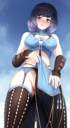 Rule 34 | 1girl, barbariank, bare shoulders, black desert, black hair, blue sky, blush, breasts, cleavage cutout, clothing cutout, day, from below, garter straps, gluteal fold, gradient hair, grey eyes, large breasts, lifted by self, loincloth, looking at viewer, looking down, maehwa (black desert), multicolored hair, no panties, nose blush, parted lips, pelvic curtain, purple hair, see-through, short hair, sky, solo, tassel, thighhighs, two-tone hair, vambraces