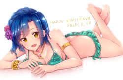 Rule 34 | 10s, 1girl, bad id, bad pixiv id, bikini, blue hair, blush, breasts, cleavage, commentary request, dated, flower, hair flower, hair ornament, happy birthday, idolmaster, idolmaster million live!, ima (lm ew), looking at viewer, lying, md5 mismatch, medium breasts, nanao yuriko, on stomach, open mouth, revision, short hair, smile, solo, swimsuit, yellow eyes