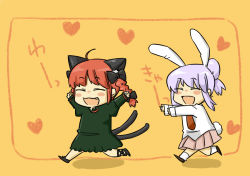Rule 34 | 2girls, :3, :d, ^ ^, ahoge, animal ears, bad id, bad pixiv id, braid, rabbit ears, rabbit tail, cat ears, cat girl, cat tail, chasing, chibi, closed eyes, extra ears, closed eyes, fang, female focus, heart, kaenbyou rin, koyama shigeru, multiple girls, multiple tails, necktie, open mouth, ponytail, red hair, reisen udongein inaba, running, skirt, smile, tail, touhou, twin braids, aged down