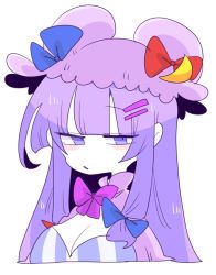 Rule 34 | 1girl, blue bow, blunt bangs, blush stickers, bow, bowtie, breasts, cleavage, commentary request, crescent, crescent pin, cropped torso, hair bow, hat, hat bow, large breasts, long hair, looking at viewer, op na yarou, partially colored, patchouli knowledge, purple bow, purple bowtie, purple eyes, purple hair, raised eyebrow, red bow, simple background, solo, touhou, upper body, white background
