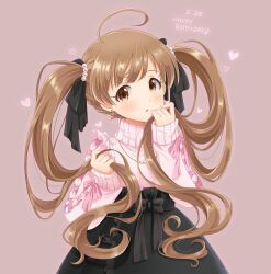 Rule 34 | 1girl, :o, ahoge, black skirt, blush, bow, brown eyes, brown hair, buckle, commentary request, cowboy shot, cross-laced clothes, cross-laced sleeves, dated, drop earrings, earrings, flower earrings, frilled sweater, glint, goma konbu, grey bow, grey ribbon, hair ribbon, hakozaki serika, hand to own mouth, hands up, happy birthday, heart, highres, holding, holding own hair, idolmaster, idolmaster million live!, jewelry, long hair, looking at viewer, necklace, parted lips, pearl hair ornament, pearl necklace, pink background, pink ribbon, pink sweater, polka dot, polka dot ribbon, ribbon, simple background, skirt, sleeves past wrists, solo, sweater, sweater tucked in, swept bangs, three quarter view, turtleneck, turtleneck sweater, twintails, very long hair
