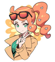 Rule 34 | 1girl, bad id, bad twitter id, brown coat, closed mouth, coat, commentary, creatures (company), dede (qwea 00000), eyelashes, eyewear on head, game freak, green eyes, green nails, green shirt, hair ornament, hand up, heart, heart hair ornament, long hair, looking at viewer, nail polish, nintendo, orange hair, pokemon, pokemon swsh, ribbed shirt, shirt, side ponytail, smile, solo, sonia (pokemon), strap, sunglasses, symbol-only commentary, upper body, v