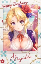 1girl ahoge blonde_hair blue_sky breasts character_name cleavage closed_mouth cloud commentary_request copyright_notice cropped_torso day flower g-row hair_flower hair_ornament happy_birthday large_breasts long_hair looking_at_viewer megiddo_(phantom_of_the_kill) neck_ribbon official_alternate_costume official_art orange_ribbon outdoors phantom_of_the_kill polaroid_photo ribbon second-party_source side_ponytail sky smile solo