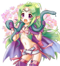 Rule 34 | 1girl, :d, akone, bad id, bad pixiv id, belt, boots, bow, circlet, elf, fire emblem, fire emblem awakening, garter straps, green hair, heart, jewelry, long hair, navel, necklace, nintendo, nowi (fire emblem), open mouth, pointy ears, purple eyes, smile, snake, solo, thigh boots, thighhighs