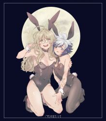 Rule 34 | 2girls, alternate costume, animal ears, arm around shoulder, bare shoulders, black bow, black bowtie, black footwear, black leotard, black pantyhose, black ribbon, blonde hair, blush, bow, bowtie, breasts, covered navel, fake animal ears, fishnet pantyhose, fishnets, freckles, full body, full moon, furrowed brow, glasses, hand in own hair, hand up, high heels, highres, holding own arm, itsuka (this communication), kneeling, leotard, long hair, looking at viewer, masao (ebi no osushi), medium breasts, mole, mole under eye, moon, multicolored hair, multiple girls, mutsu (this communication), neck ribbon, nervous smile, one eye closed, open mouth, pantyhose, pince-nez, purple eyes, purple hair, rabbit ears, ribbon, round eyewear, short hair, small breasts, smile, strapless, strapless leotard, sweatdrop, this communication, tsukimi, two-tone hair, white hair, wrist cuffs