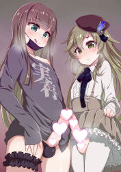 Rule 34 | 2boys, :q, black panties, black shirt, blue eyes, bridal garter, brown hair, censored, center frills, clothes lift, clothes writing, crossdressing, erection, frilled skirt, frills, frottage, gradient hair, green eyes, green hair, gretel (sinoalice), grey skirt, heart, heart censor, high-waist skirt, highres, konboi-eg, lifted by self, long hair, long sleeves, looking down, male focus, male masturbation, mask, mask pull, masturbation, mouth mask, multicolored hair, multiple boys, multiple penises, panties, pantyhose, penis, penises touching, pinocchio (sinoalice), shirt, sinoalice, skirt, skirt lift, sleeves past fingers, sleeves past wrists, suspender skirt, suspenders, testicles, tongue, tongue out, torn clothes, torn legwear, trap, underwear, very long hair, white legwear, white shirt, yaoi