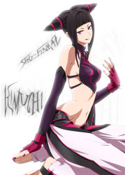 Rule 34 | 1girl, :q, absurdres, baggy pants, bare shoulders, barefoot, black hair, bracelet, breasts, capcom, elbow gloves, feet, female focus, fingerless gloves, gloves, han juri, hands on feet, highres, jewelry, midriff, nail polish, navel, pants, red eyes, simple background, sitting, solo, spiked bracelet, spikes, stiky finkaz, strapless, street fighter, street fighter iv (series), tetsu (kimuchi), toeless legwear, toenail polish, toenails, toes, toned, tongue, tongue out, tube top, white background