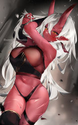 Rule 34 | 1girl, akumi (yoclesh), artist name, breasts, colored skin, dyarikku, highres, horns, large breasts, long hair, looking at viewer, oni, oni horns, red horns, red skin, scar, scar on stomach, solo, thigh strap, virtual youtuber, white hair