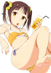 Rule 34 | 1girl, barefoot, bikini, black hair, breasts, child, clothes lift, collarbone, cup, drinking glass, drinking straw, feet, female focus, green eyes, holding, holding cup, holding drinking glass, looking at viewer, mouth hold, nazononiku, off shoulder, shiny skin, shirt, shirt lift, side-tie bikini bottom, simple background, sitting, small breasts, soles, solo, swimsuit, toenails, toes, twintails, white background